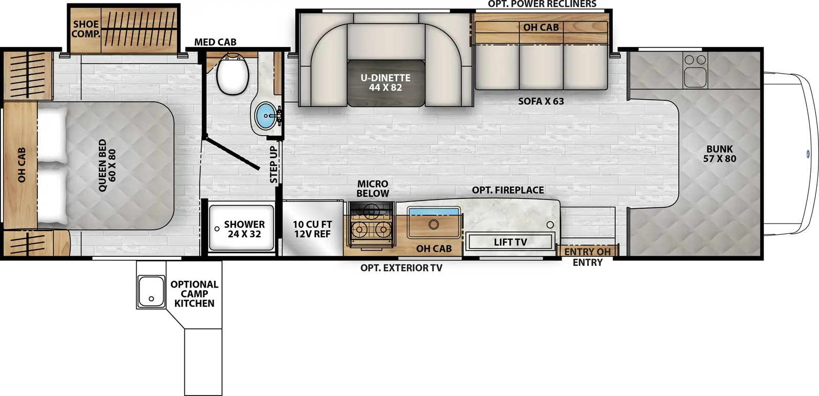 The Freelander 31MB - Ford E-450 has one entry and two slide outs. Exterior features include: 21' awning and outside kitchen. Interiors features include: rear bedroom, bunk over cab and u-dinette.